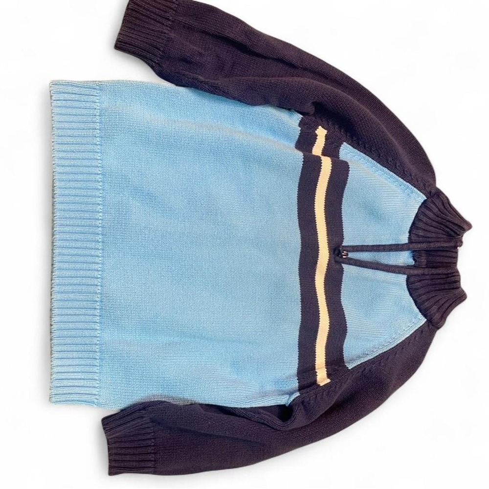 Blue and navy striped cotton sweater with cream stripes, size 4 to5